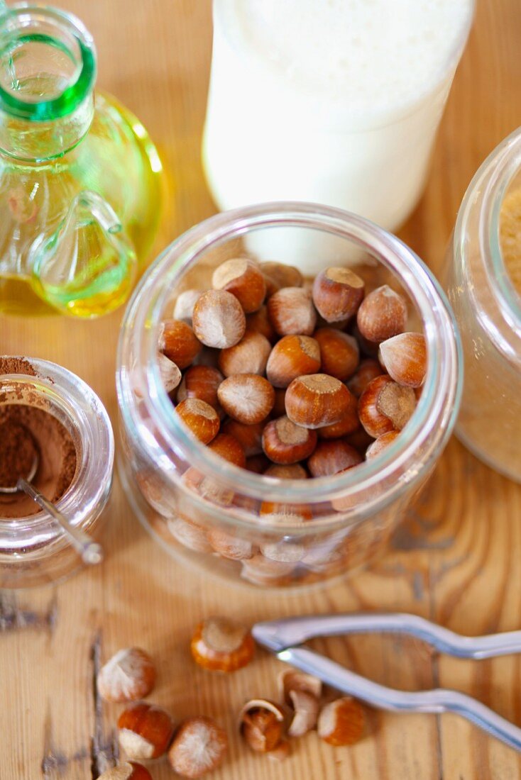 Ingredients for chocolate & hazelnut spread: hazelnuts, olive oil, cocoa powder, brown sugar and milk