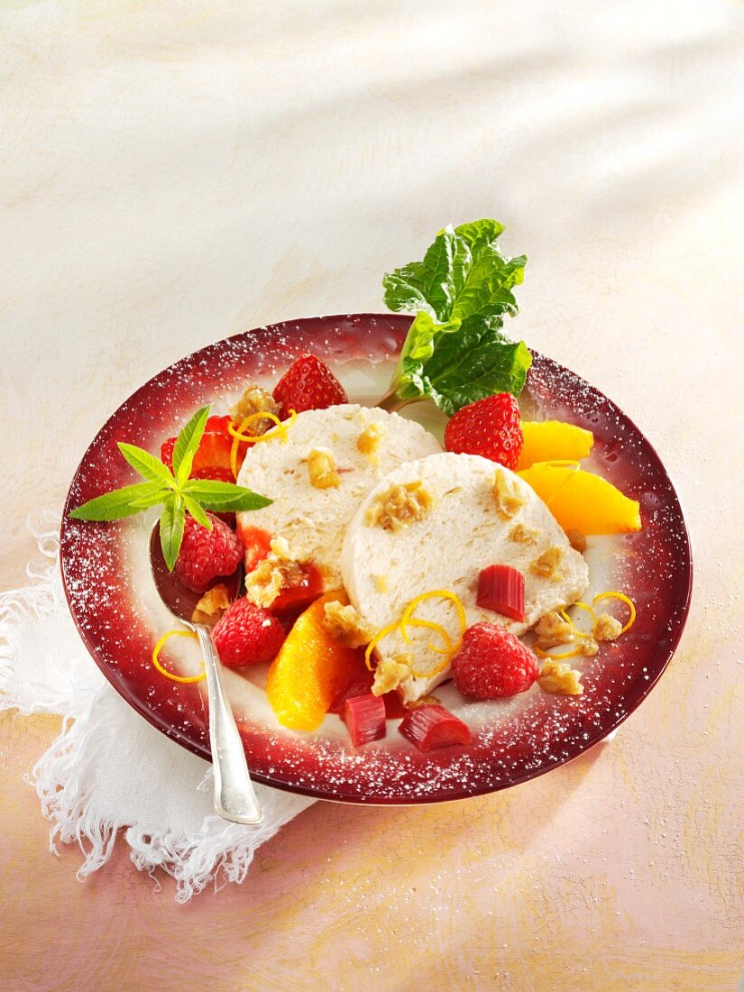 Parfait with caramelised walnuts, rhubarb and fruits