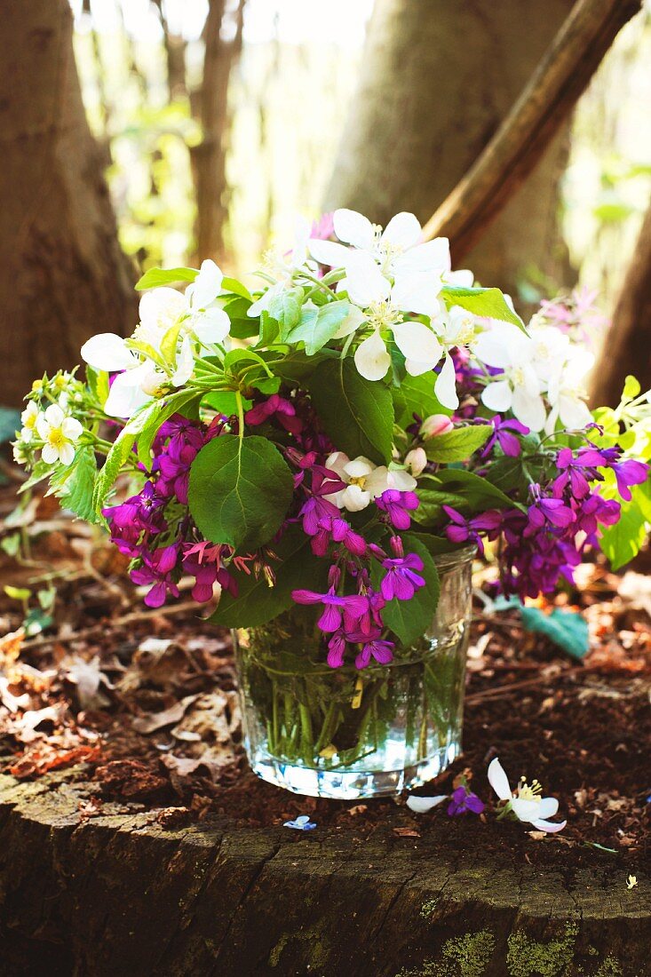 Summery posy in purple and white with green leaves in drinking glass on tree stump in sunny deciduous woods