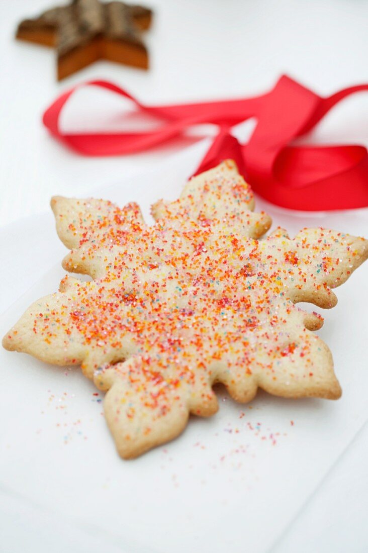 Snow flake cookie with colored sugar sprinkles