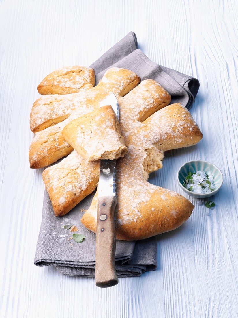 Fougasse (leavened bread from Provence), partly sliced