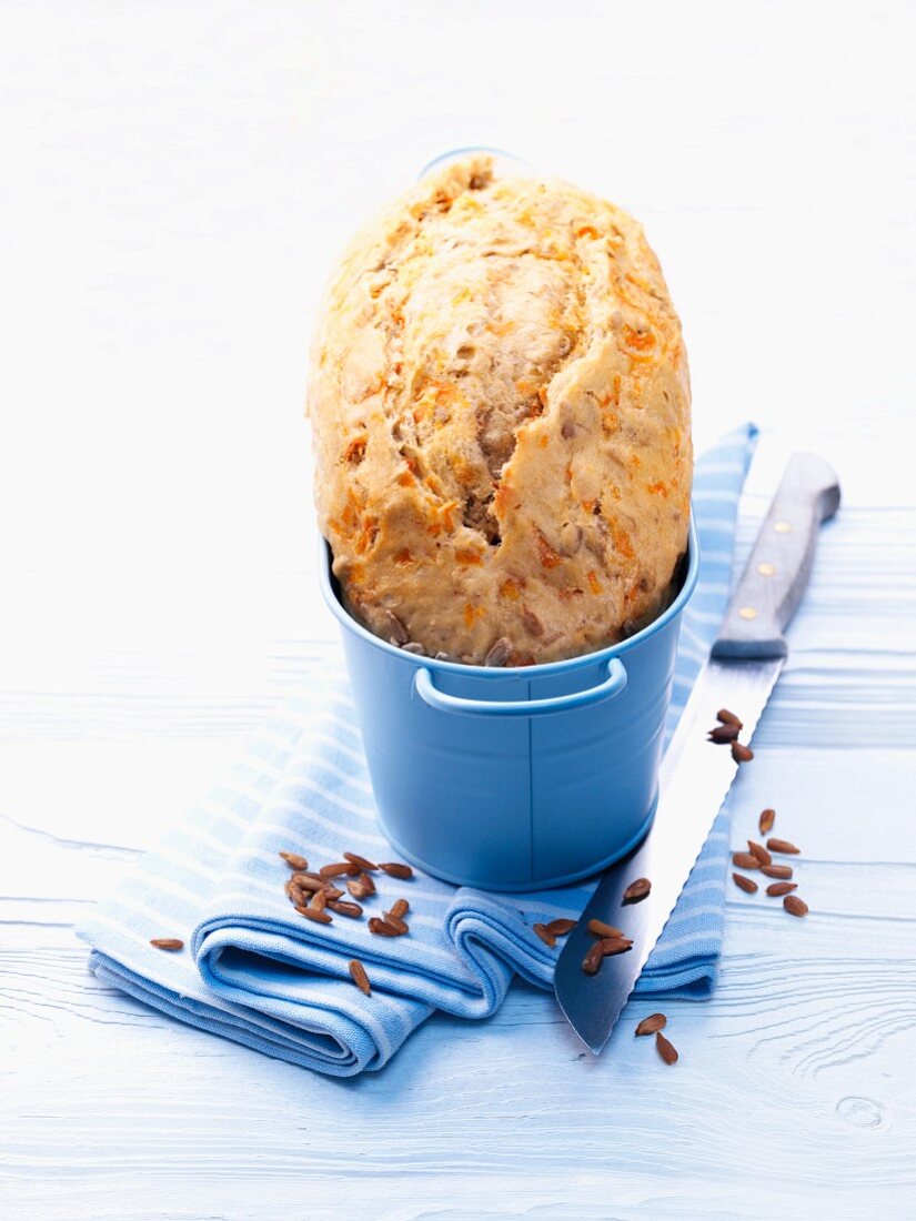 Carrot bread in a blue bucket