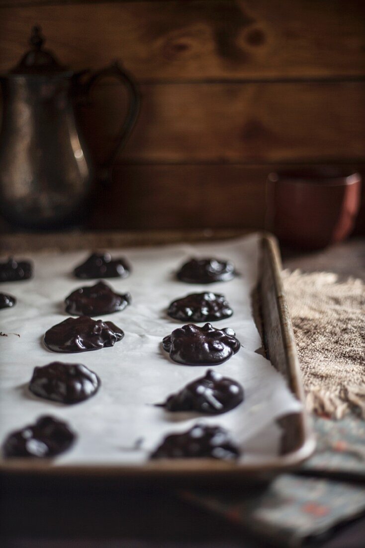 Double Chocolate Chip Cookie Batter on a Sheet Pan Ready for Baking