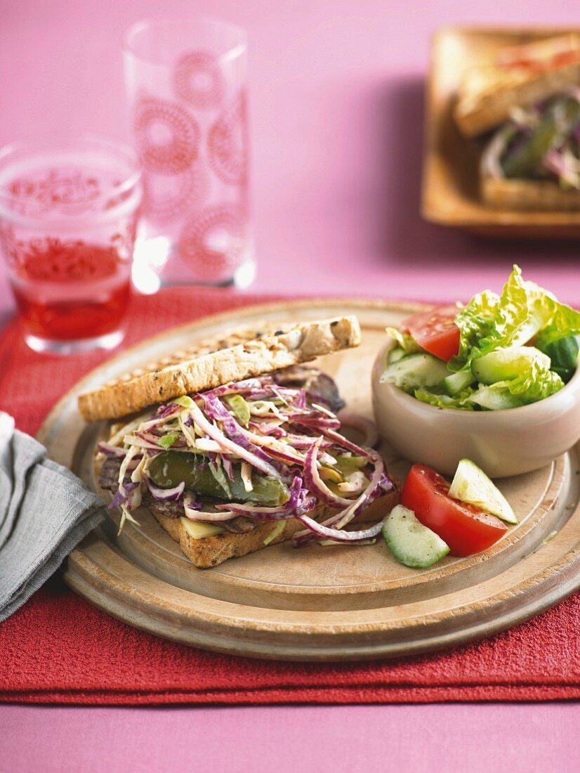 Sandwich with minute steak and a winter coleslaw