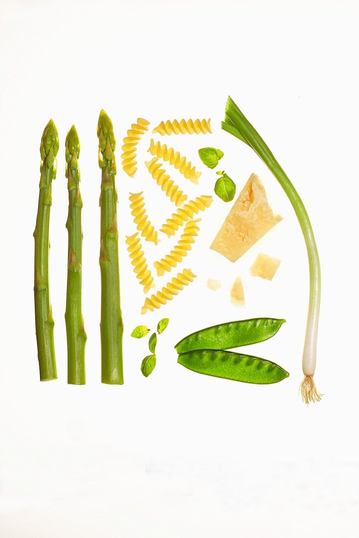 Ingredients for a pasta dish with asparagus