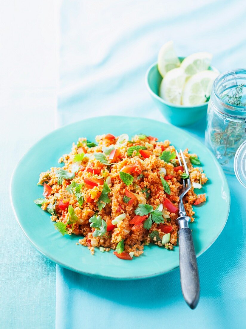 Middle Eastern bulgur salad with peppers, coriander and mint