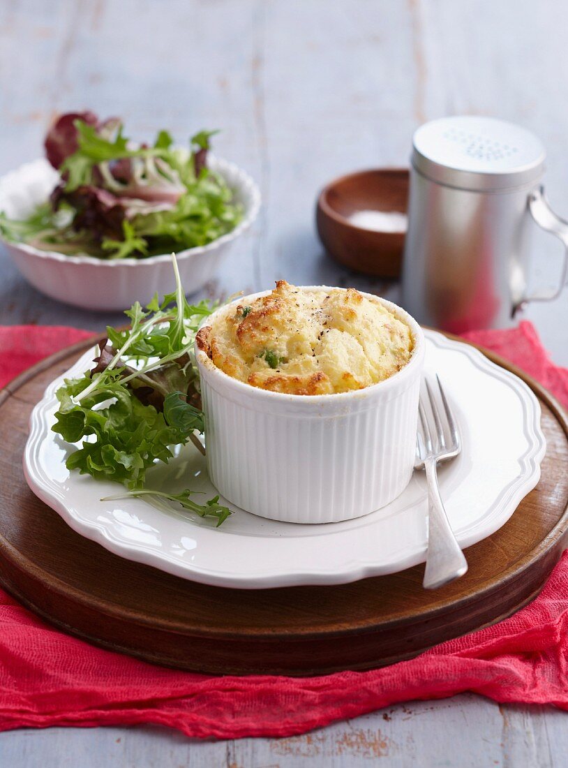 Ham and cheese soufflé with mixed lettuce
