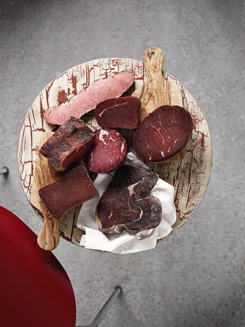 Assorted chunks of smoked ham (view from above)