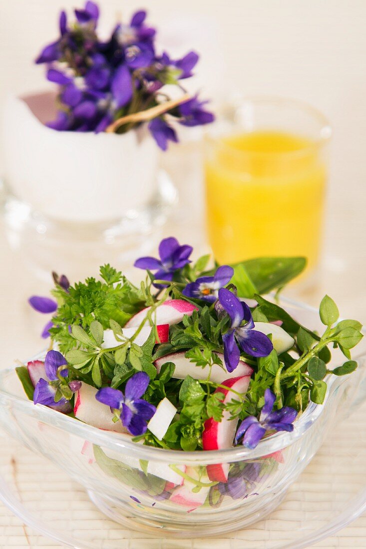 Frühlingssalat mit Radieschen und Veilchen