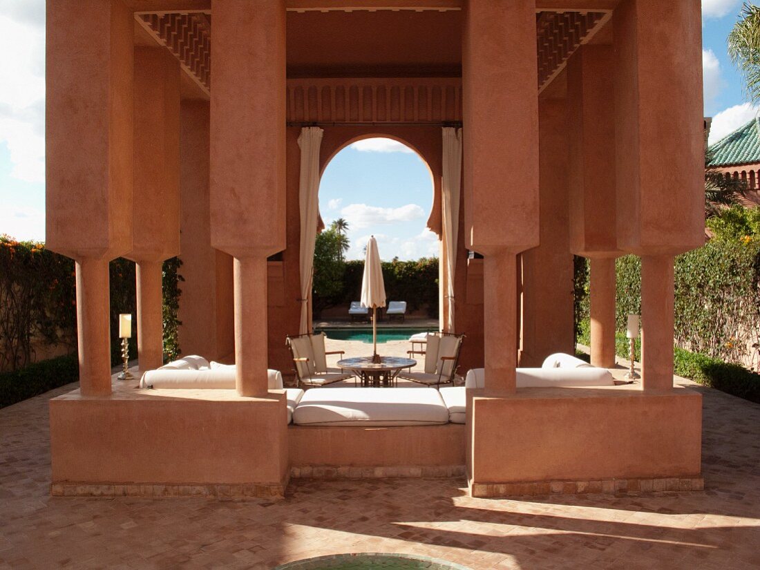 Lounge area and swimming pool in garden