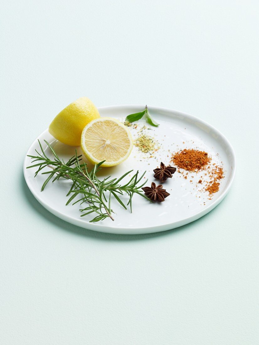 Zitrone, Sternanis, Basilikum, Rosmarin und Tandoori Gewürzmischung auf einem weißen Teller