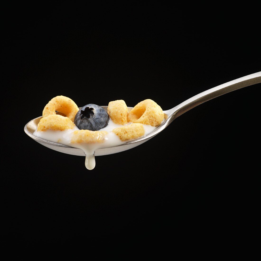 Spoonful of Cereal with Milk and a Blueberry