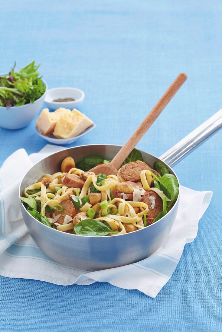 Fettuccine with pork sausage, mushrooms and spinach