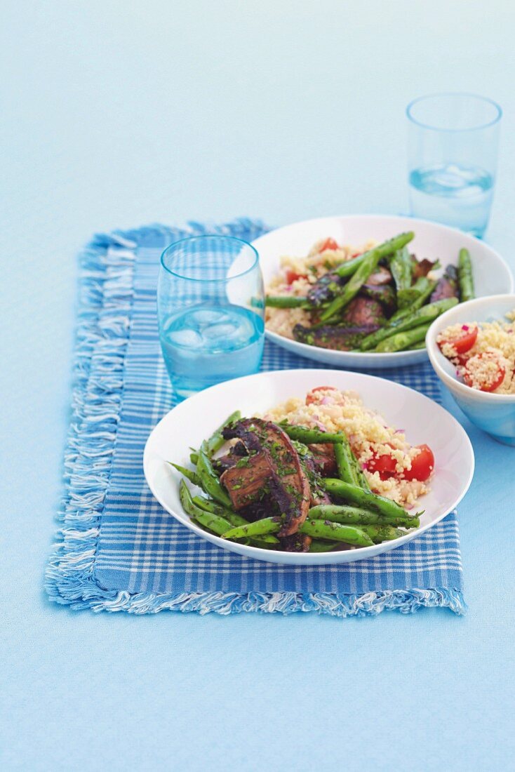 Garlic mushrooms with couscous and green beans