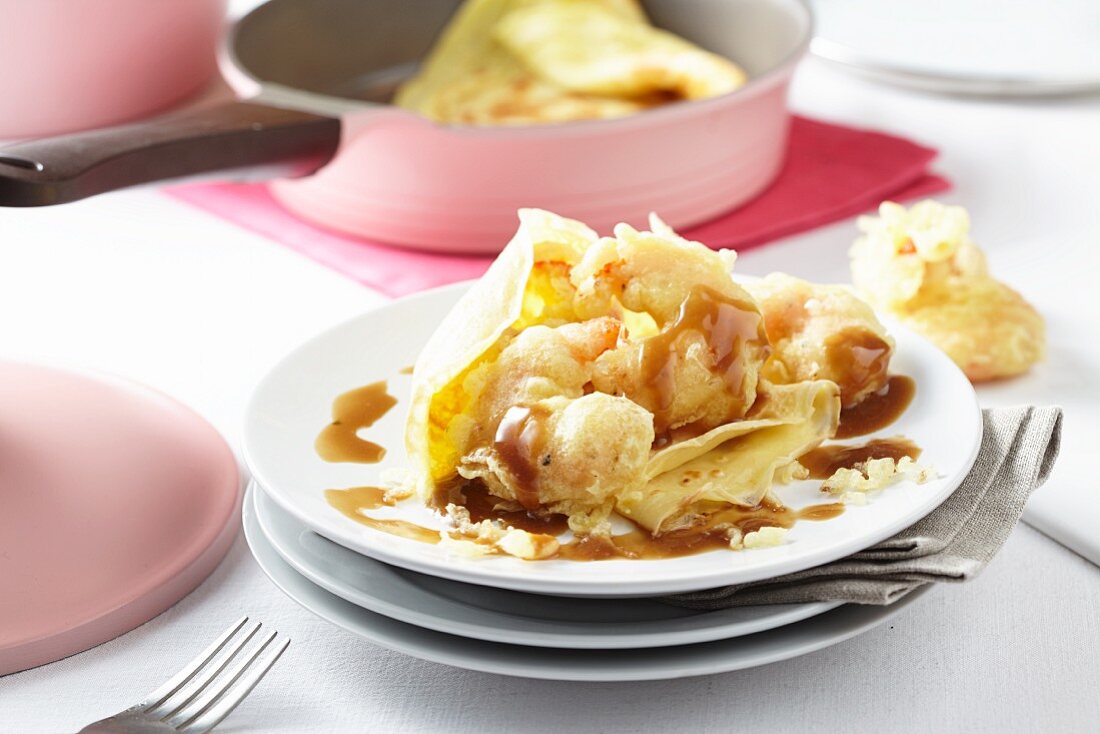 Crepes with tempura prawns