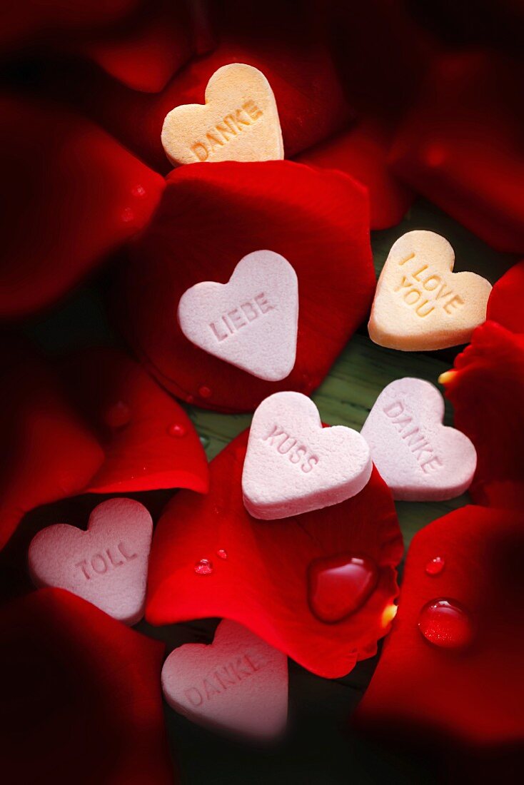 Red rose petals with sugar hearts