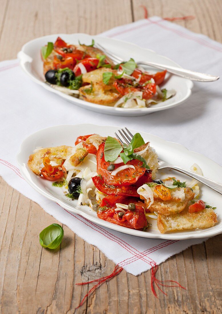 Panzanella (bread salad with tomatoes, Tuscany, Italy)