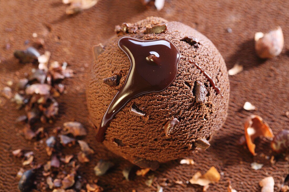 Eine Kugel Schokoladeneis mit Schokoladensauce