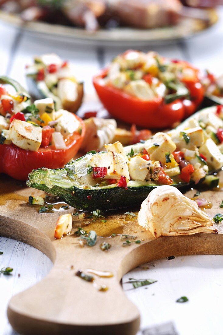 Courgette and peppers stuffed with vegetables and feta