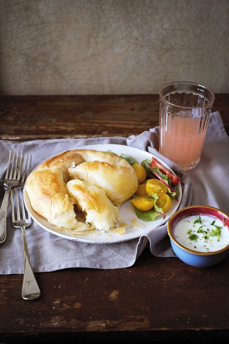 Baniza from Bulgaria (filo pastry filled with sheep's cheese), with a yoghurt dip