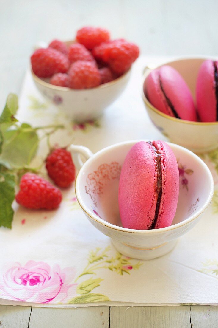 Raspberry macaroons with chocolate filling