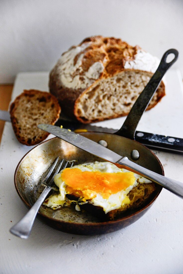Fried egg in the pan with rustic bread