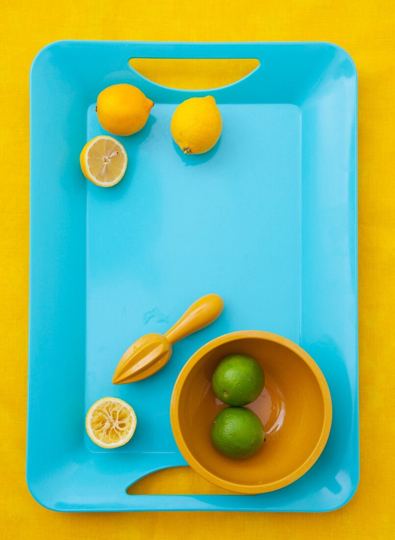 Zitronen, ganz und halbiert, mit Zitruspresse, Limetten in einer Schale