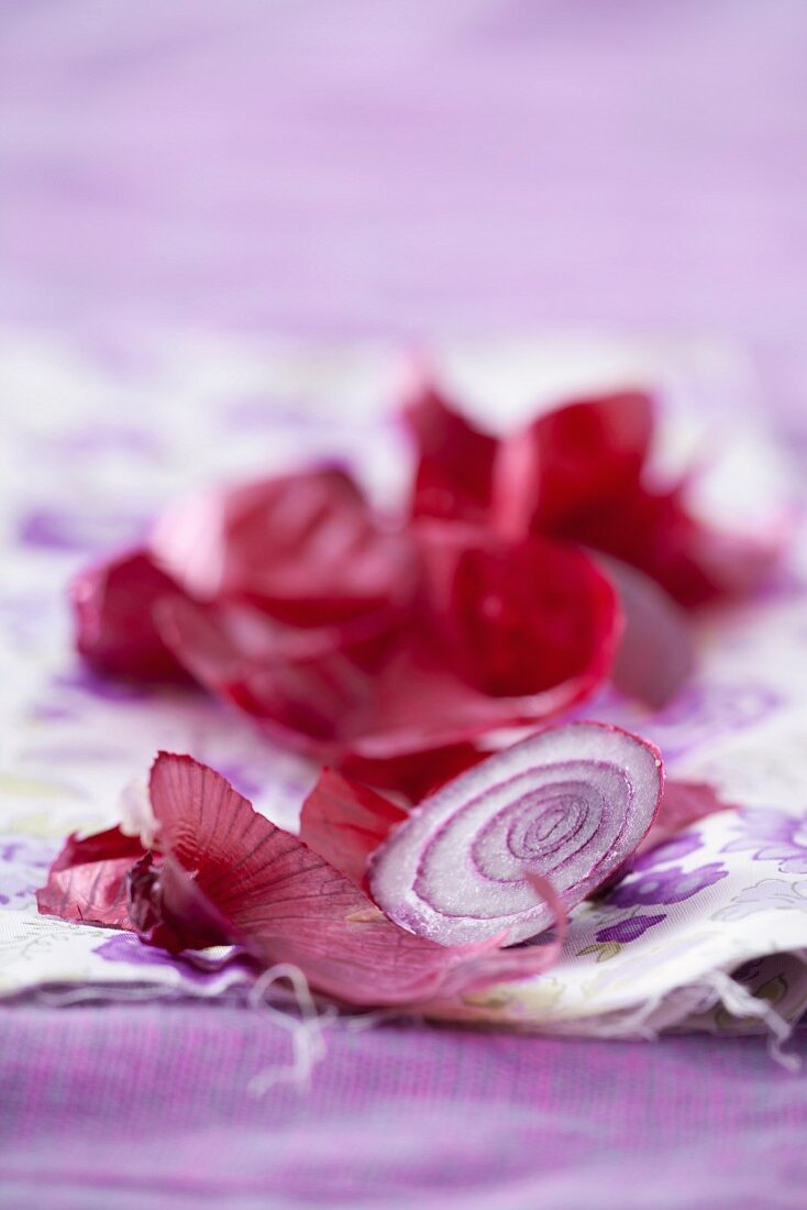 Slices of red onion and red onion peelings