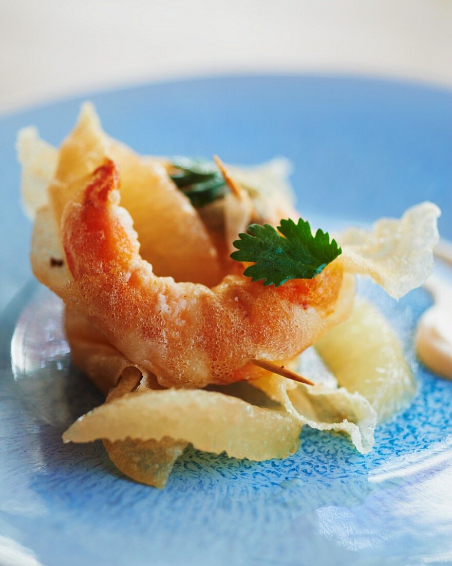 Prawns wrapped in brik pastry with grapefruit