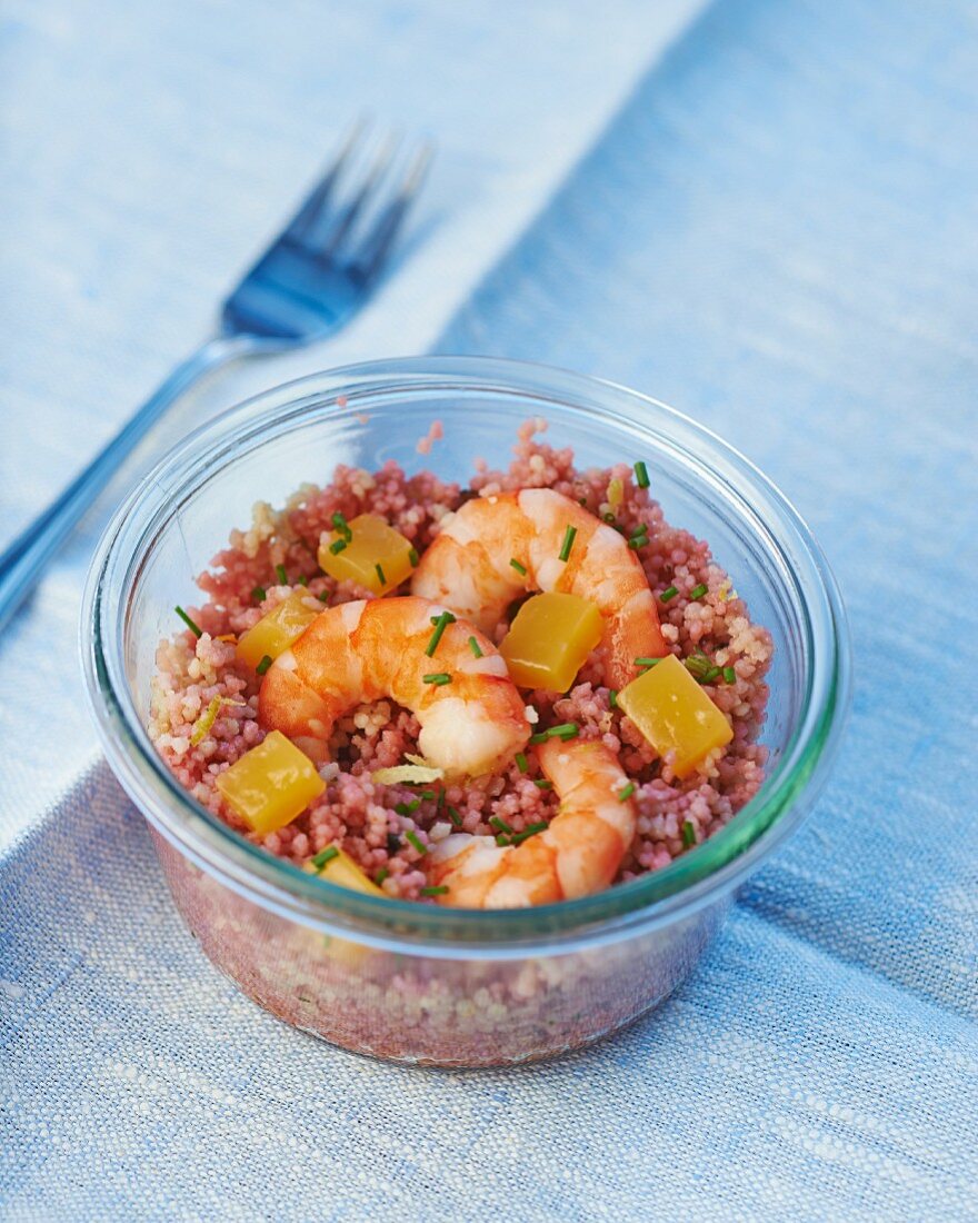 Hibiscus tabbouleh with prawns and citrus jelly