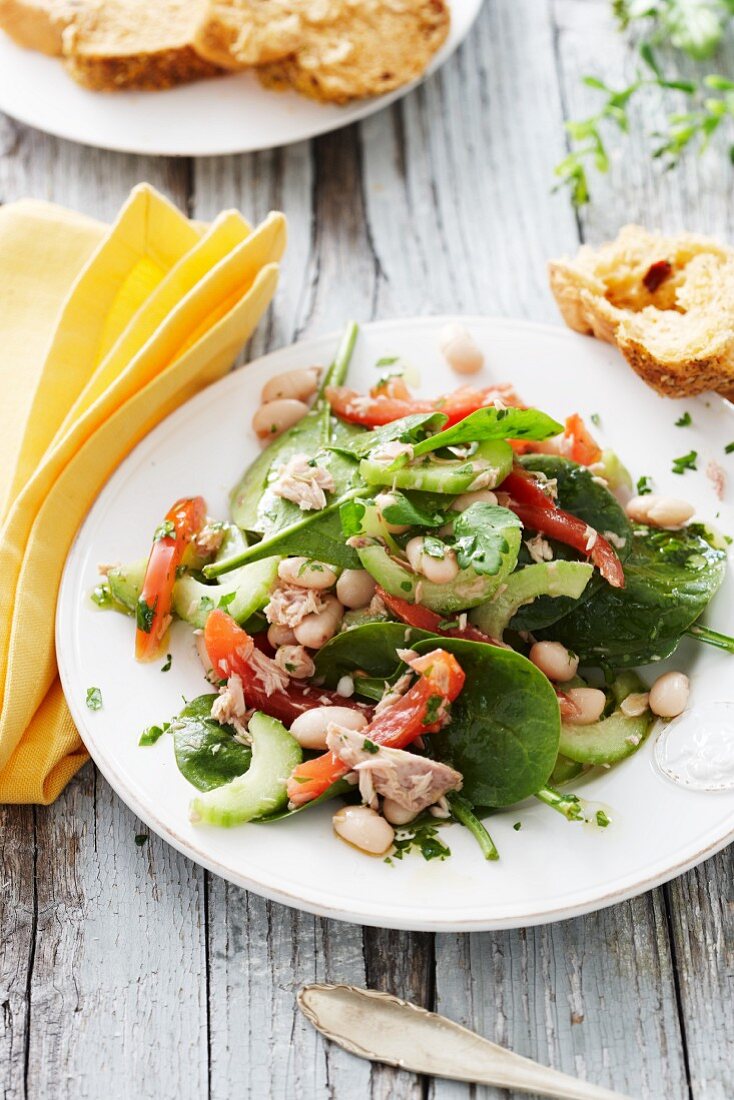 Spinat-Thunfisch-Salat mit Bohnen, Paprika und Sellerie
