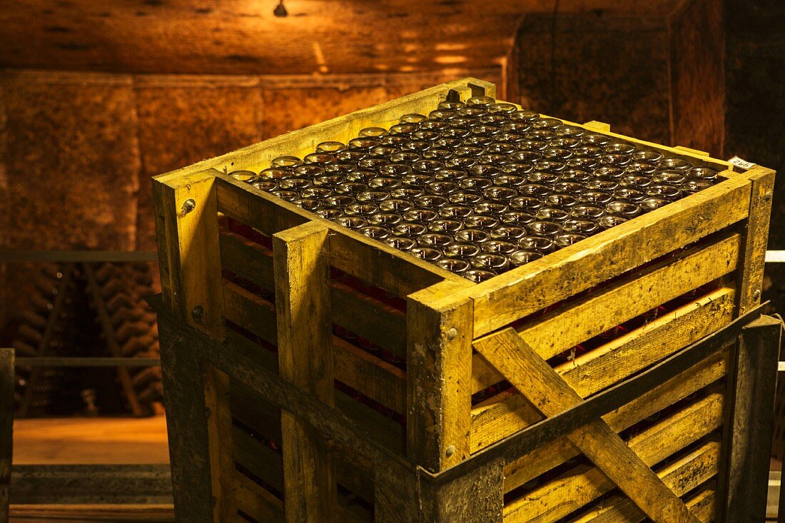 Fermentierung nach der Champenoise Methode im Weinkeller, Holzkiste mit Flaschen