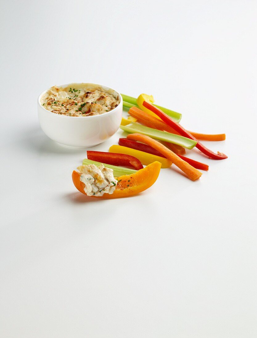 Hot Crab Dip with Veggie Sticks; Bell Pepper Slice with Dip