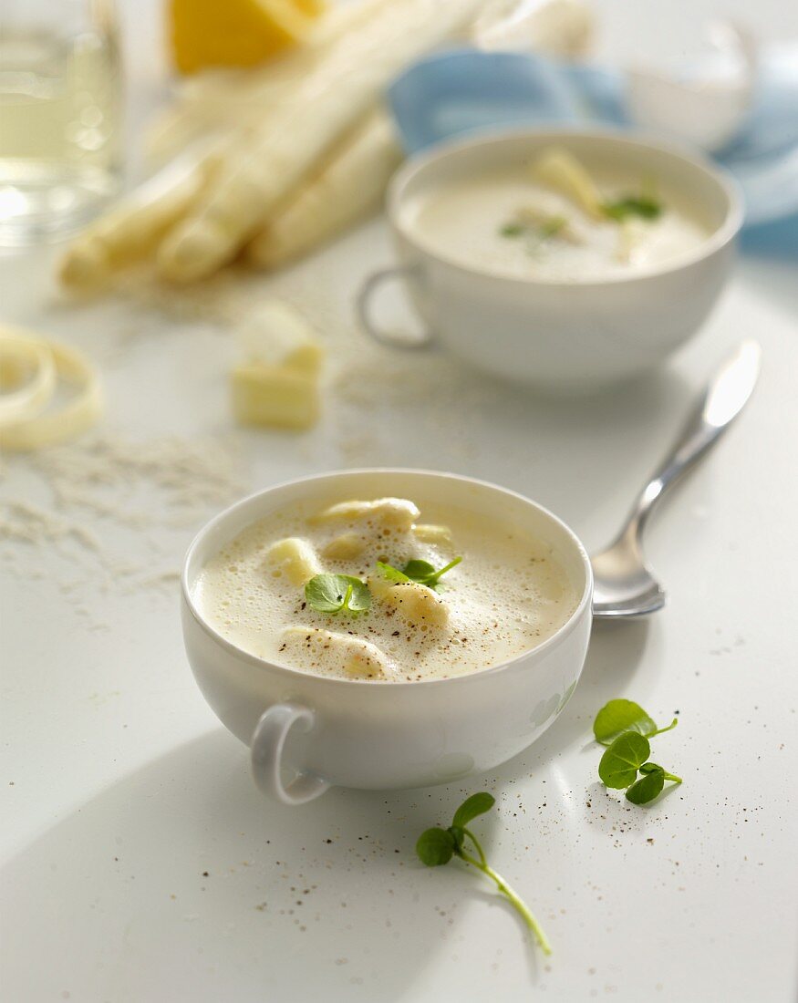 Cream of asparagus soup with watercress