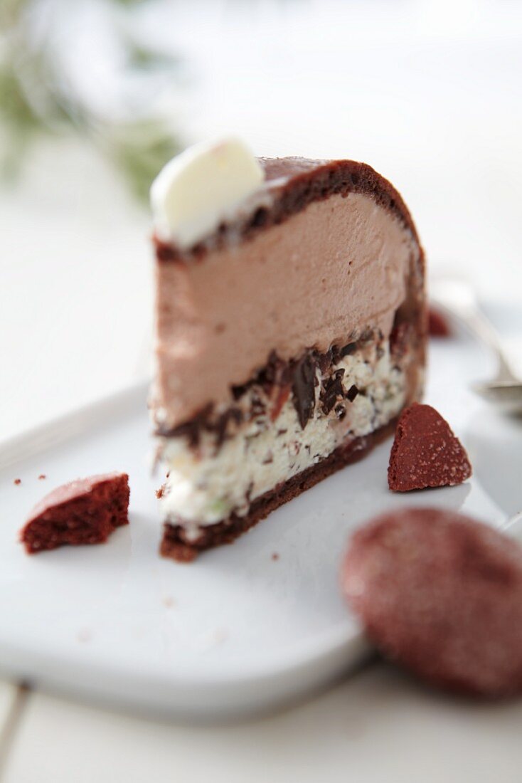 A slice of domed layer cake with chocolate