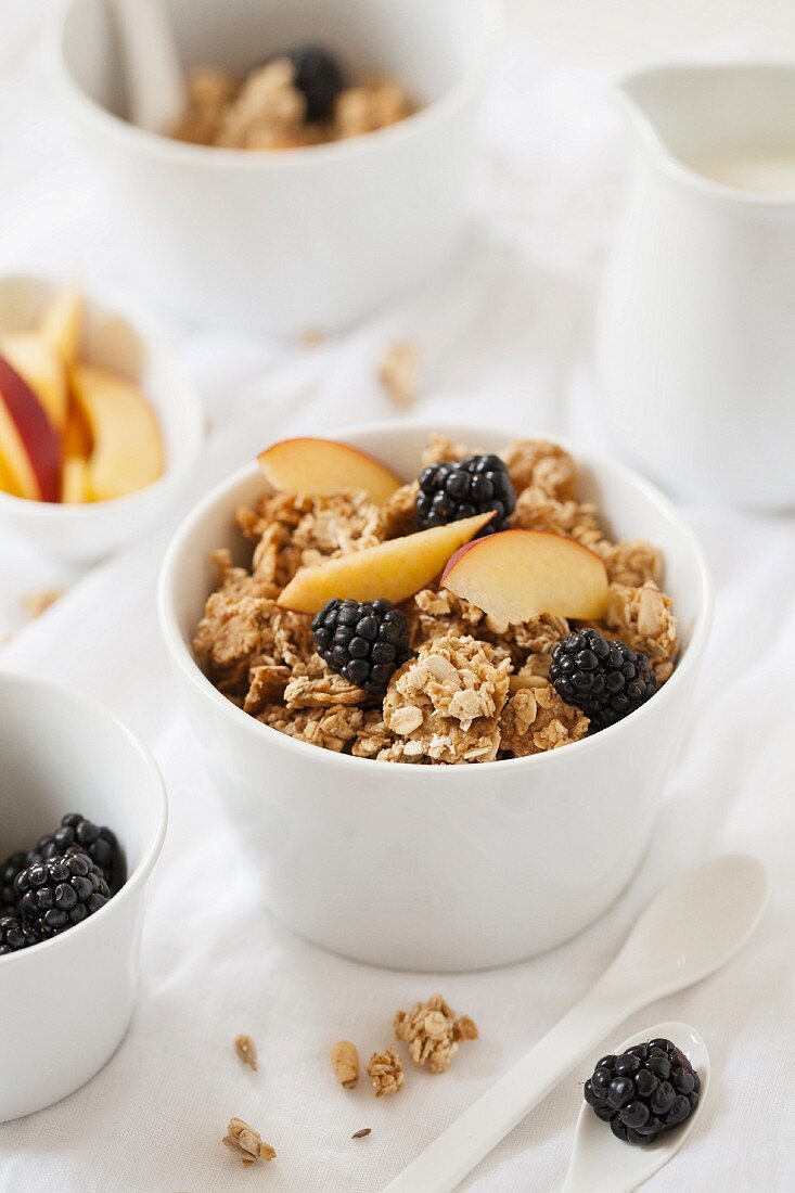 A Bowl of Granola with Blackberries and Nectarines