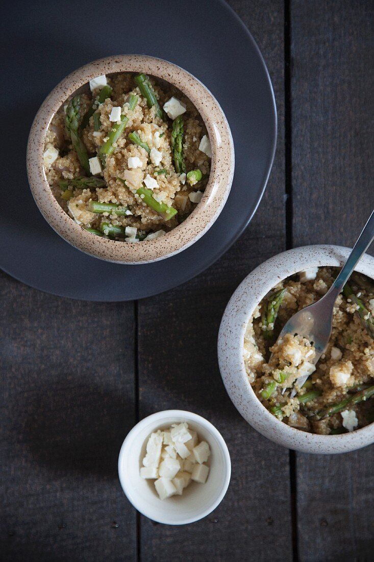 Bowls of Quinoa and Asparagus Salad with Feta Cheese