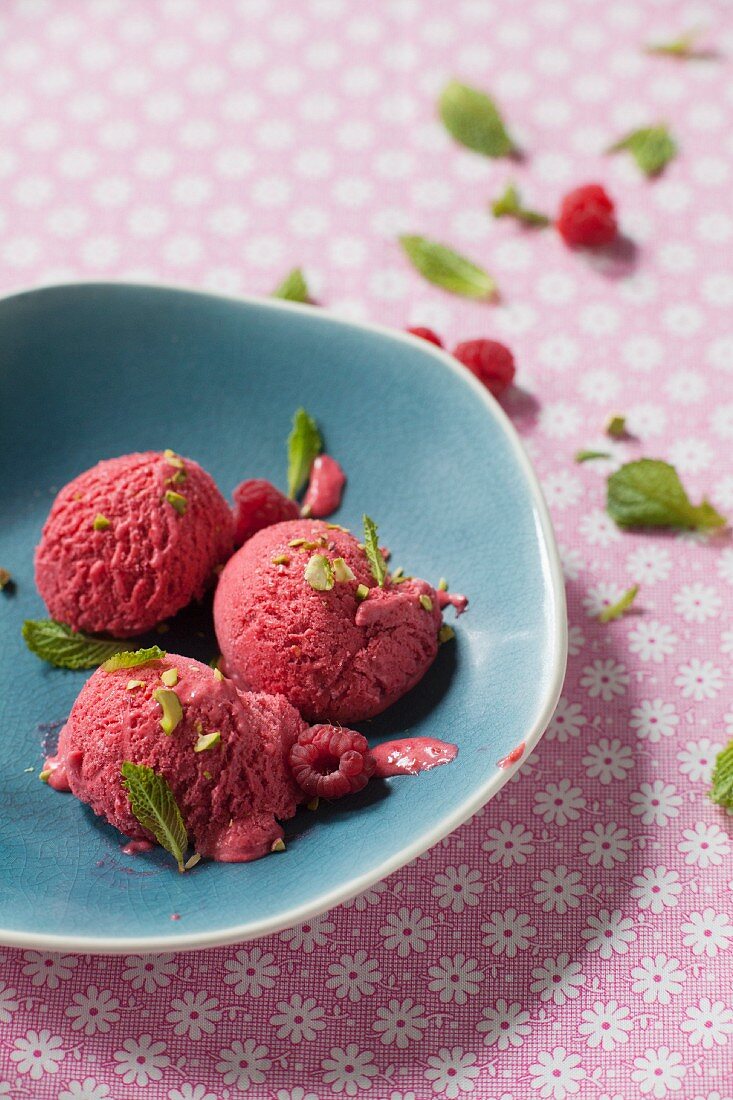 Raspberry Ice Cream with Fresh Raspberries and Mint