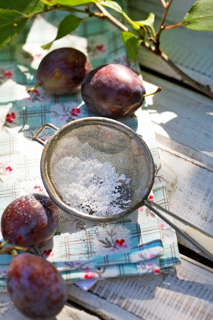 Plums with icing sugar and a sieve