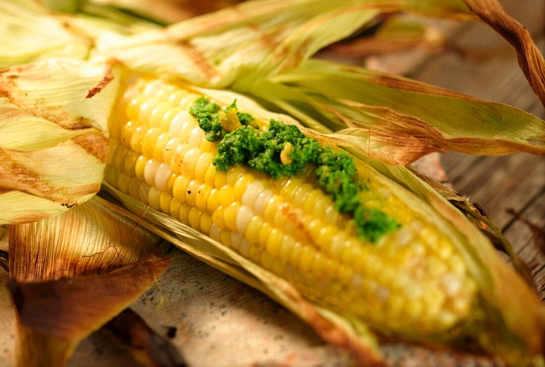 Barbecued corn on the cob with pesto