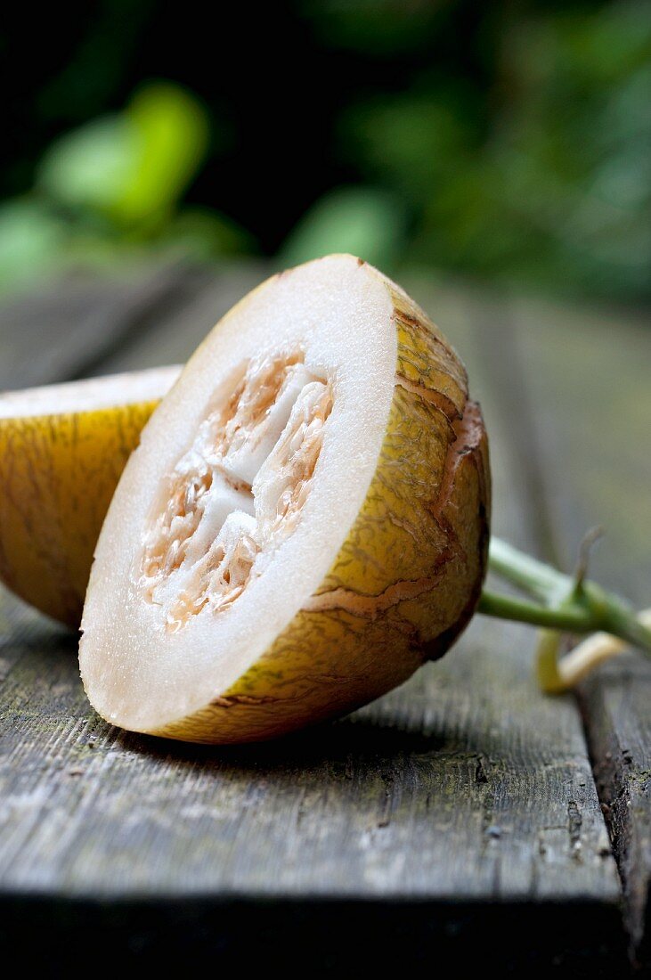 A melon, sliced in half