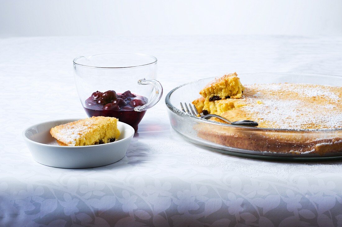 Oven-baked Schmarrn (sugared pancake, Austria) with mulled-wine cherries