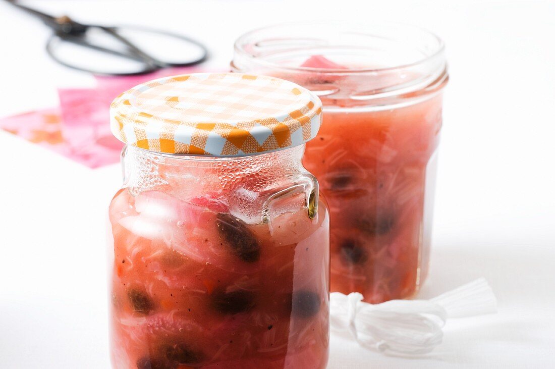 Rhubarb chutney in jars