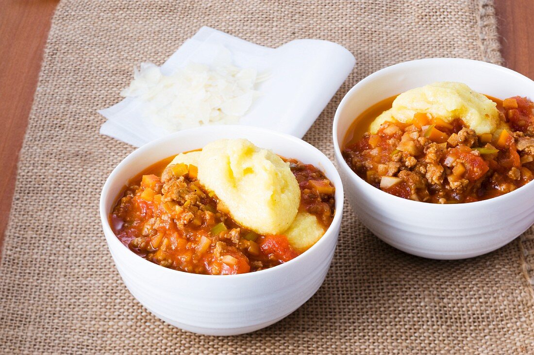 Minced meat in sauce with polenta