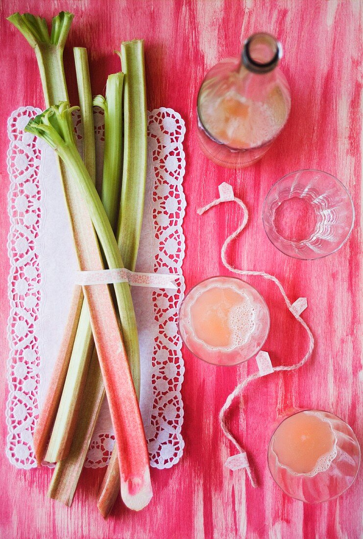 Rhubarb stalks and rhubarb juice (view from above)
