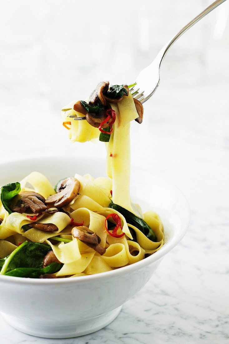 Fettuccine mit Spinat und Champignons