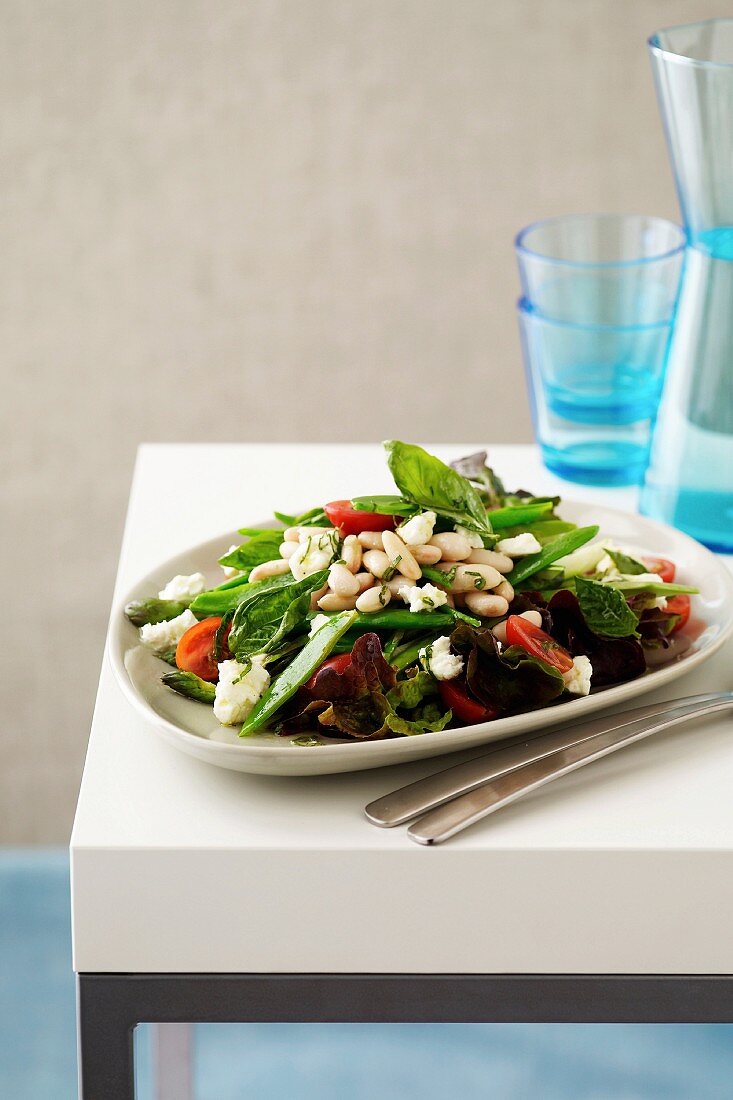 Vegetable Salad - Sugarsnap Peas, Cannelini Beans, Mesclun Mix, Cherry Tomatoes, Feta, Basil