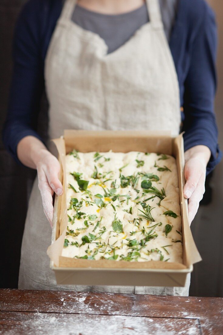 Herb focaccia, unbaked