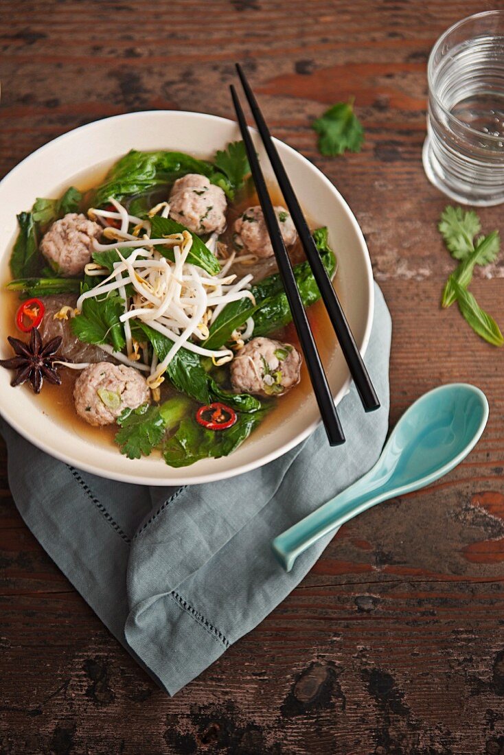 Vietnamese chicken meatball and noodle soup