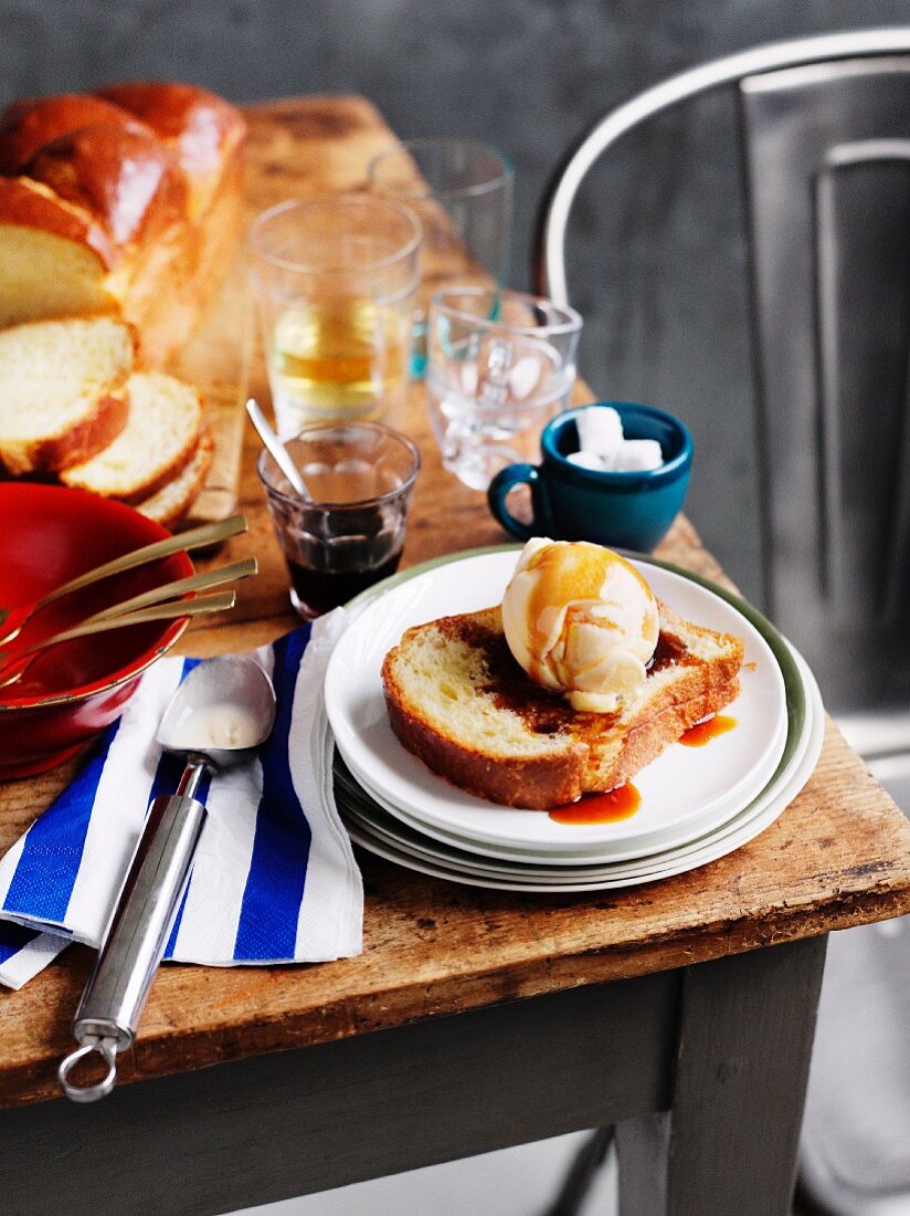 Brioche with coconut ice and caramel sauce